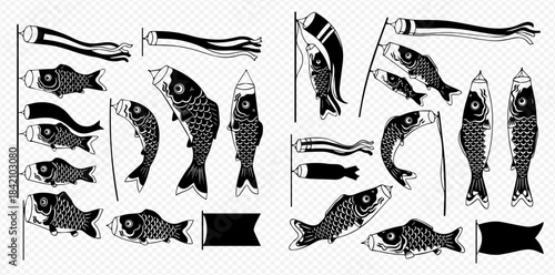 Set of traditional Japanese Koinobori carp wind socks in various styles and sizes.