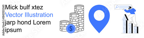 Business marketing, data analytics, financial growth, economic planning, location services, digital navigation. Coins and dollar symbol, location pin person analyzing graph. Financial growth