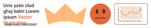 Branding, performance metrics, data analysis, emotions, corporate identity, market trends. Crown, neutral face and graph with line chart. Branding and performance metrics concept