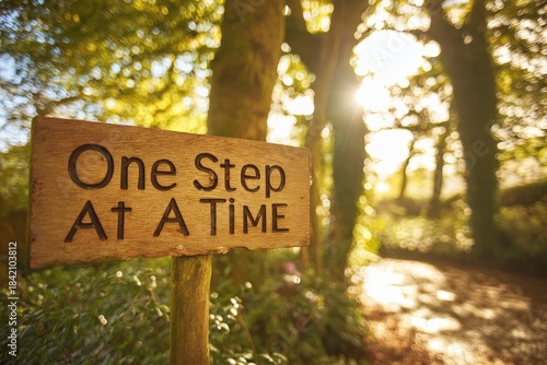 Wallpaper Mural A wooden sign with "One Step at a Time" carved into it, nestled among lush green trees on a sun-dappled forest trail, evoking a peaceful, motivational atmosphere Torontodigital.ca