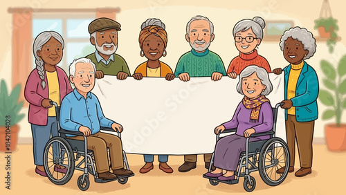 Vector Senior Community Illustration – Elderly Group with Banner in Park for Aging Awareness, Inclusion Campaigns, Retirement Events, and Healthcare Design Themes