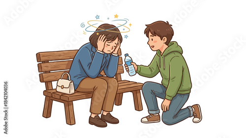 Vector Empathy Illustration – Helping a Dizzy Person on Bench for Healthcare, Mental Wellness, First Aid Awareness, and Social Support Graphics