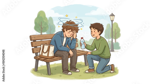 Vector Empathy Illustration – Helping a Dizzy Person on Bench for Healthcare, Mental Wellness, First Aid Awareness, and Social Support Graphics
