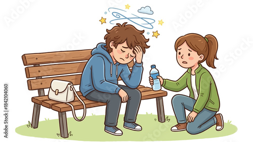 Vector Empathy Illustration – Helping a Dizzy Person on Bench for Healthcare, Mental Wellness, First Aid Awareness, and Social Support Graphics
