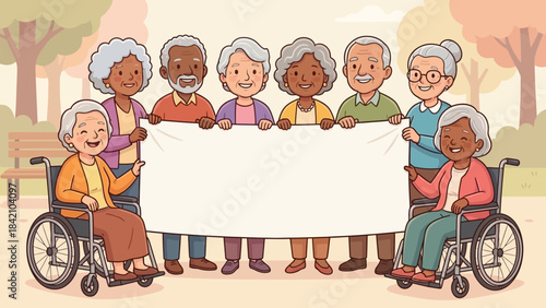 Vector Senior Community Illustration – Elderly Group with Banner in Park for Aging Awareness, Inclusion Campaigns, Retirement Events, and Healthcare Design Themes