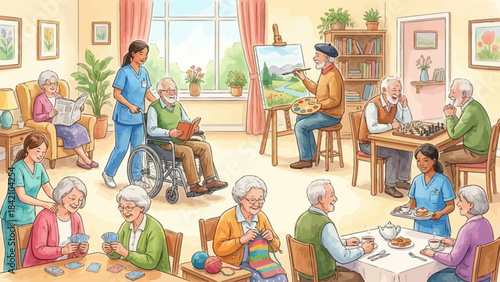 Vector Senior Living Illustration – Active Aging, Creative Engagement, and Healthcare Scenes for Lifelong Wellness, Assisted Care, and Community Support Design Themes