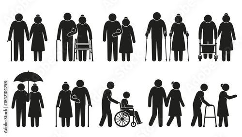 Vector Elderly Silhouette Illustrations – Seniors with Mobility Aids and Companionship Scenes for Aging Awareness, Caregiving Graphics, and Social Support Design