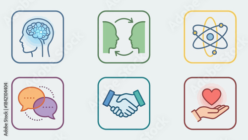 Vector Human Values Icons – Intelligence, Communication, Science, Compassion, and Cooperation Graphics for Education, Social Awareness, and Dialogue-Driven Design Themes