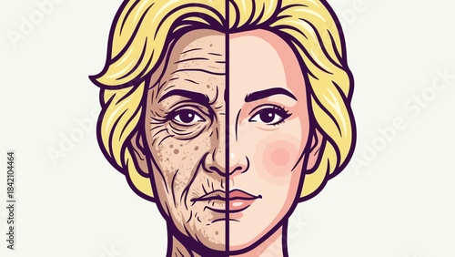 Vector Aging vs Youth Illustration – Split-Face Portrait Depicting Time’s Tapestry for Life Journey, Aging Awareness, and Human Transformation Design Themes