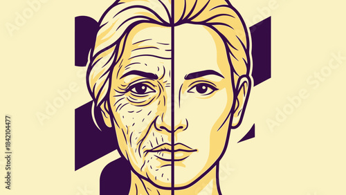 Vector Aging vs Youth Illustration – Split-Face Portrait Depicting Time’s Tapestry for Life Journey, Aging Awareness, and Human Transformation Design Themes