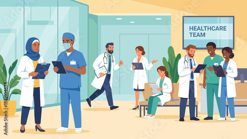 Vector Healthcare Team Illustration – Doctors, Nurses, and Medical Staff Collaborating for Hospital Graphics, Clinical Communication, and Professional Medical Design Themes