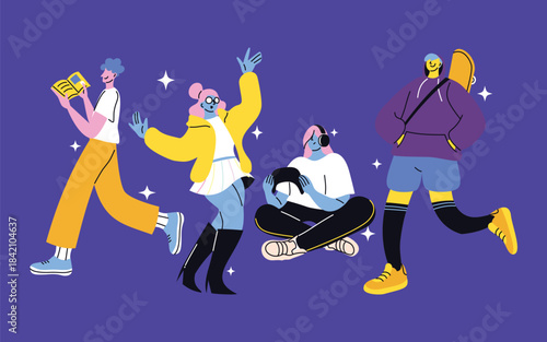 Flat vibrant character illustrations of modern youth expressing style, activity, and attitude