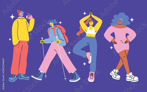 Flat vibrant character illustrations of modern youth expressing style, activity, and attitude