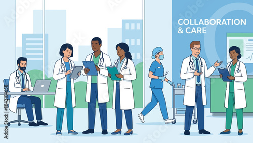 Vector Healthcare Team Illustration – Doctors, Nurses, and Medical Staff Collaborating for Hospital Graphics, Clinical Communication, and Professional Medical Design Themes