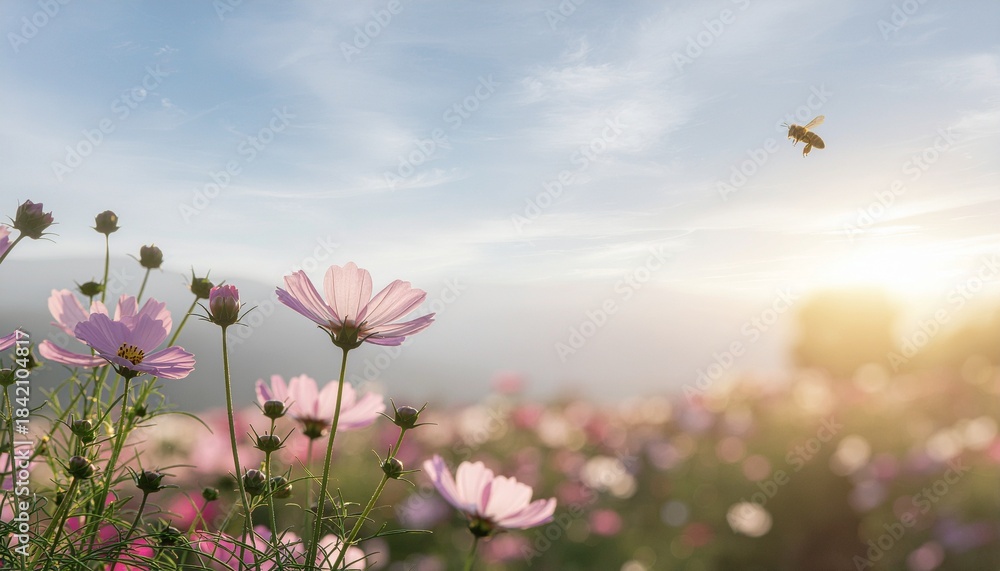 Obraz premium コスモスの花と空とミツバチの秋の風景, Autumn scene with cosmos flowers, sky, and bees