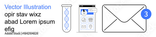 Biotech, digital identity, email communication, genetic testing, technology, notifications. Test tube with DNA strand, user profile interface envelope icon with a notification. Biotech and digital
