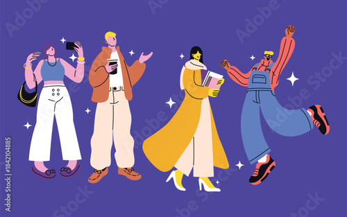 Flat vibrant character illustrations of modern youth expressing style, activity, and attitude