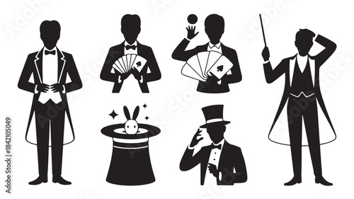 Magic and illusion icons set with magicians, top hat, and rabbit