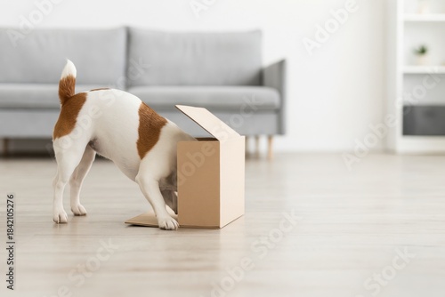 Jack Russell dog exploring cardboard box in modern living room at home