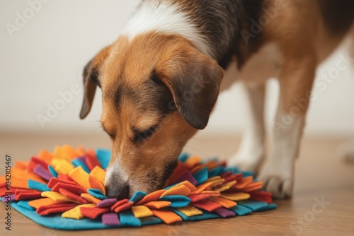 Dog sniffing colorful snuffle mat on wooden floor for enrichment