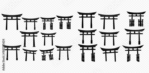 Collection of traditional Japanese Torii gate silhouettes representing sacred Shinto shrine entrances.