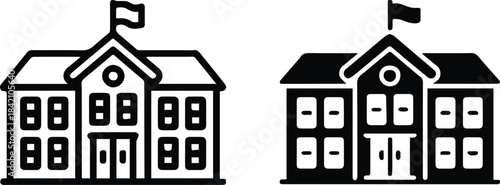 school symbol pair education building outline and solid icon
