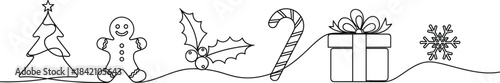 Continuous One-Line Art Christmas Icons Set with Tree, Gingerbread Man, Holly, Gift, and Snowflake Border Vector.