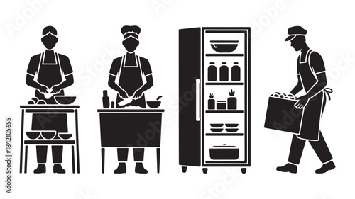 Kitchen staff preparing food and storing dishes in refrigerator, flat vector illustration