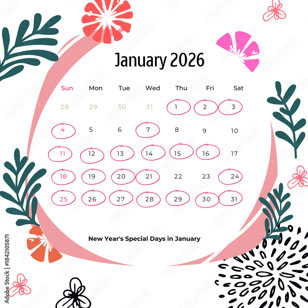 Fototapeta premium Decorative floral january 2026 calendar highlighting new year's special days with circled dates for planning on transparent background