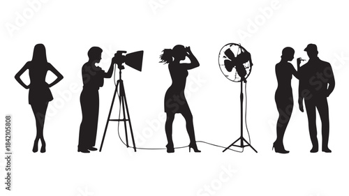 Photography crew and models silhouettes for film and fashion production, vector icons