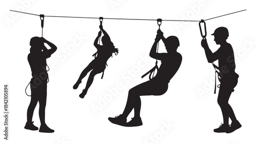 Zipline adventure sport silhouettes for outdoor activity and recreation concept, black icons