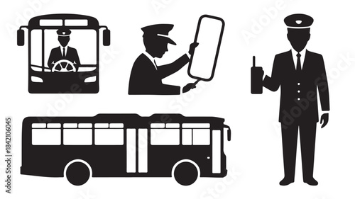 Bus driver and transportation icons set, silhouette vector graphics
