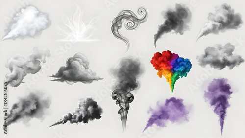 Collection of various colorful and grayscale cloud illustrations on
