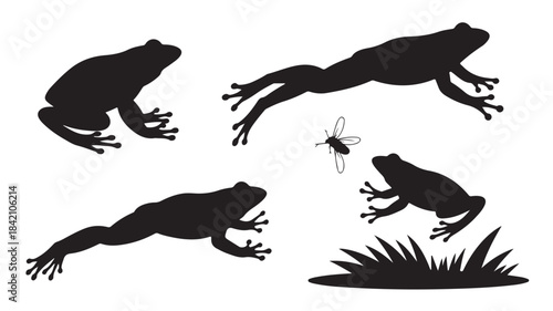 Frog silhouettes jumping and catching fly, black icons for wildlife and nature designs