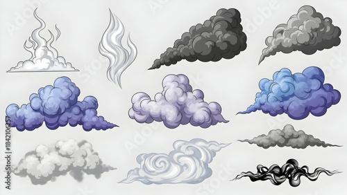 Collection of various cloud types in different colors and shapes