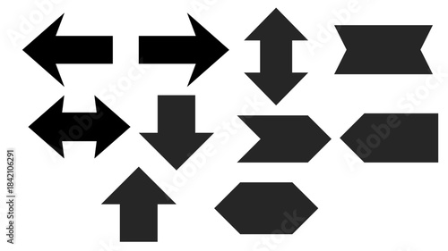A collection of bold geometric arrow icons in various directions. Perfect for user interface design, infographics, presentations, navigation elements, and graphic design projects.