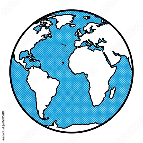 A blue and white illustration of the earth with a black outline on