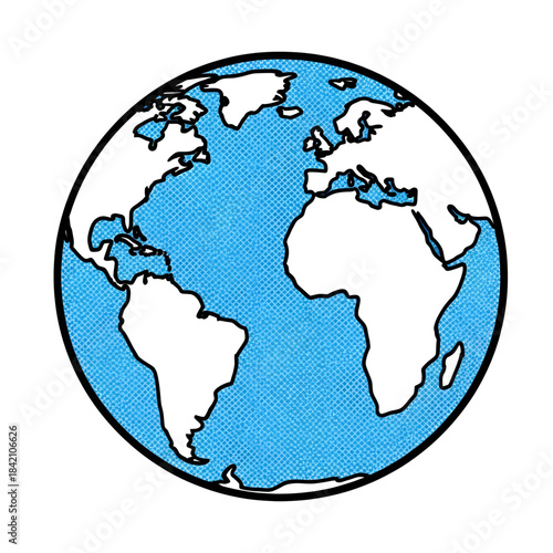 A colorful illustration of the earth with blue oceans and white continents