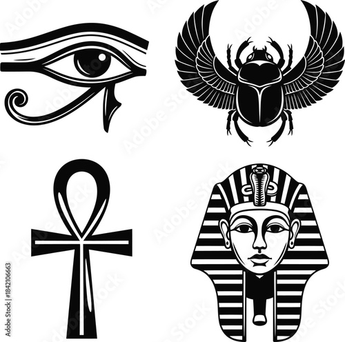 Ancient egyptian symbol icon set vector illustration in black and white graphic style showing the eye of horus, ankh cross, scarab beetle, and king tut mask.