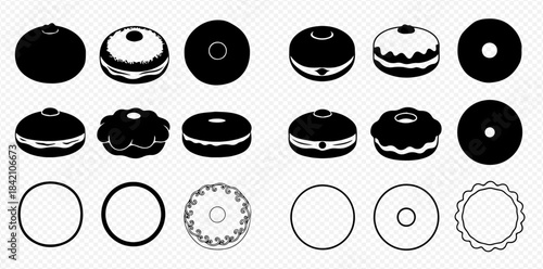Set of black and white donut icons with various shapes and toppings, perfect for bakery designs.