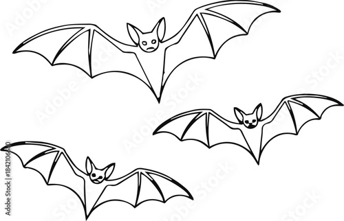 bat cartoon trio winged animal outline coloring page vector