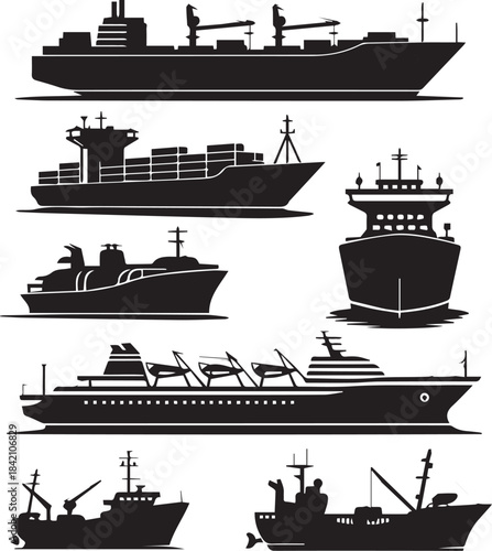 ship silhouettes vector set cargo container cruise yacht fishing