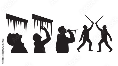 Revolution protest icons with people demonstrating and rioting, flat vector silhouettes