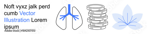 Healthcare, finance, wellness balance, economic stability, spiritual growth, holistic living. Lungs, coin stacks and lotus illustration. Healthcare and finance in a balanced way