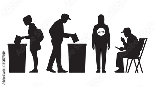 Recycling and voting icons set, people silhouettes for ecology and democracy concepts, flat vector illustration