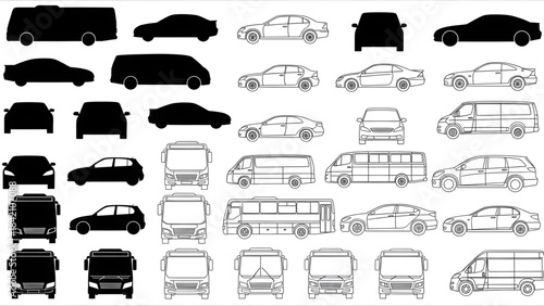 Collection of various car silhouettes and line drawings on