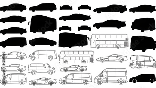 Collection of various cars and vans in black silhouettes and line drawings