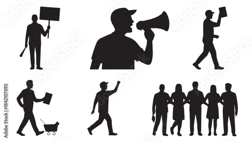 Protest and demonstration silhouettes for social movement and activism concepts, black icons