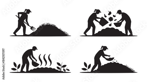 Gardening and agriculture icons with people working in garden, planting and shoveling soil, vector silhouette illustrations