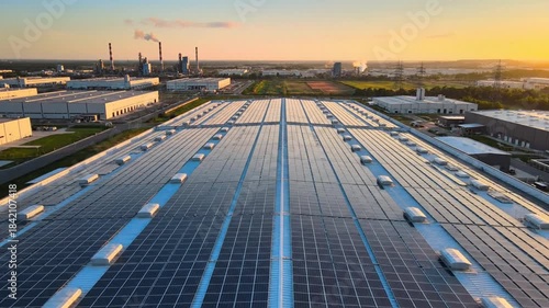 Aerial view of vast solar panels on industrial rooftops at sunset, expansive clean-energy array now